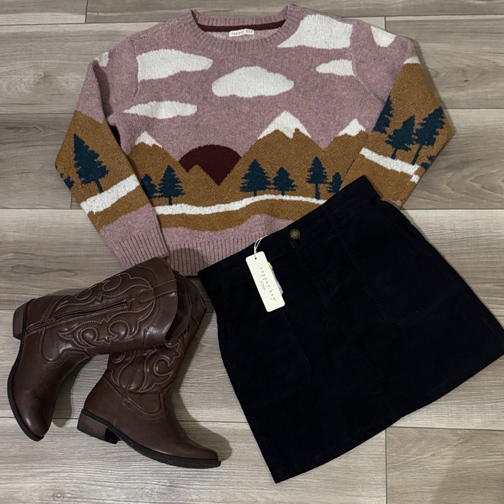 Copper Key Sweater and Black Skirt Matching Set